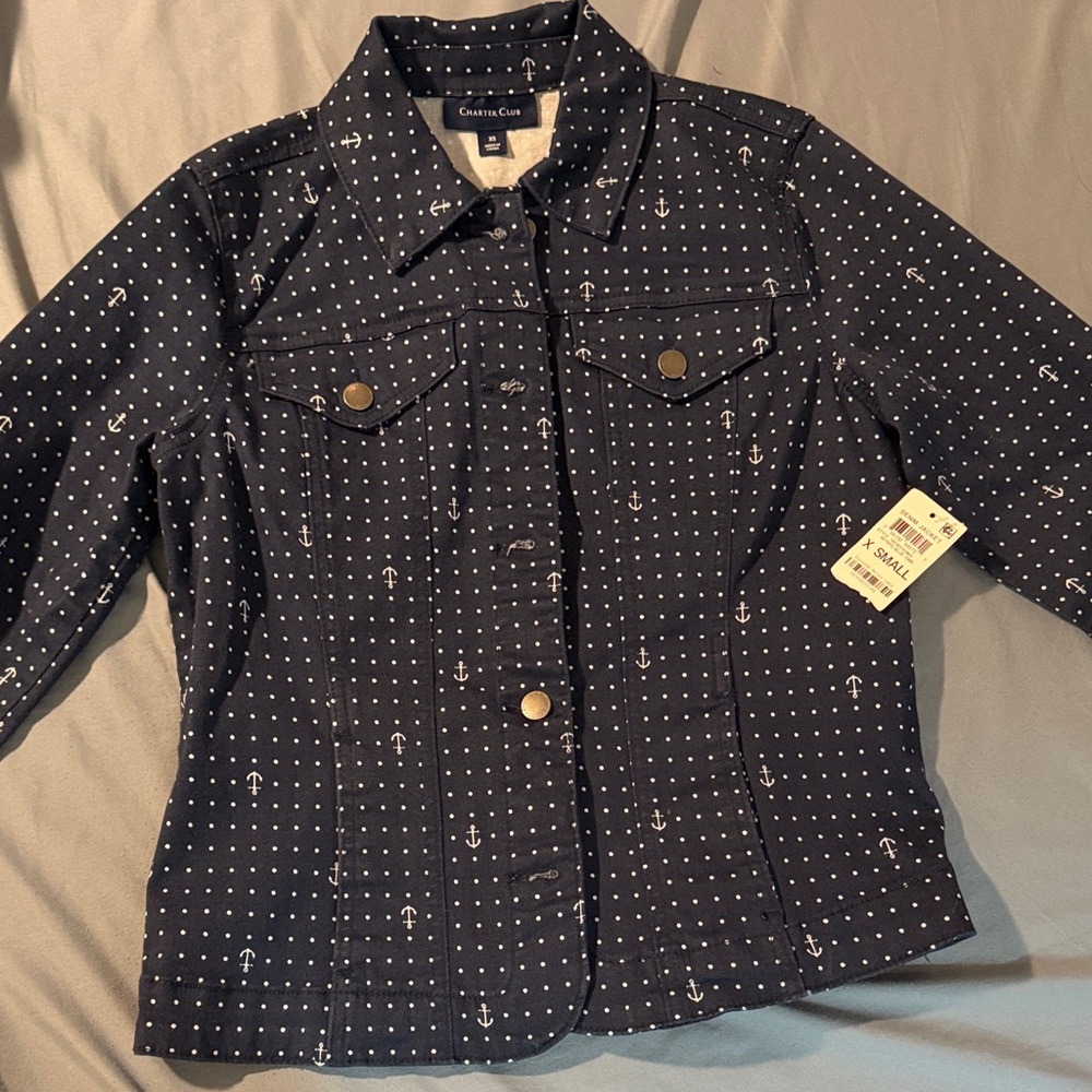 Charter Club Navy Jean Jacket with White Anchor Print